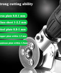 Close-up of Beefy Titanium Coated Drill Nibbler Attachment for sheet metal cutting with adapter, cutting ability details visible