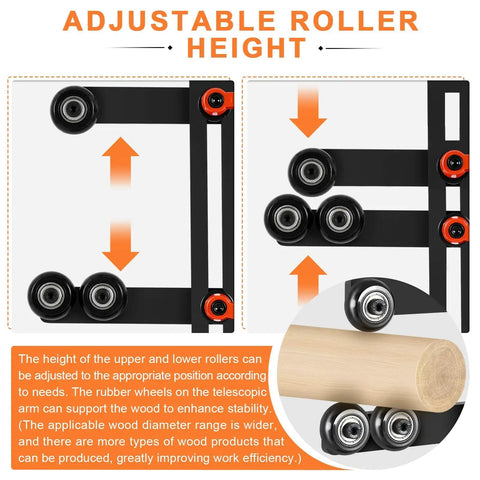 Rock Solid L Type Wood Lathe Steady Rest With Triple Adjustable Wheels eliminates wobble, showing adjustable roller height for stability.