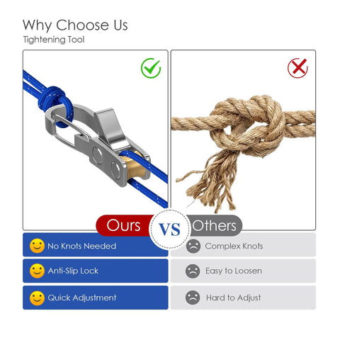 Comparison of 8 Pack Rope With Roller Tensioner and traditional knot for secure tying, showing benefits of adjustable buckle rope.