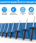 250 Piece Aluminum Pop Rivets Kit With 7 Sizes Large Flange Rivets displayed against blue background