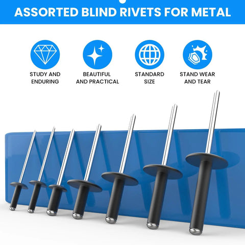 250 Piece Aluminum Pop Rivets Kit With 7 Sizes Large Flange Rivets displayed against blue background