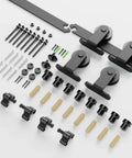 Six Foot Sliding Barn Door Hardware Kit With Double Track, Heavy Duty T Shaped Style In Black Finish, components layout