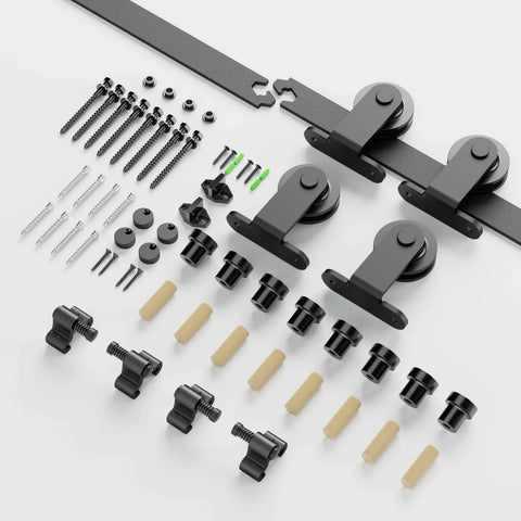 Six Foot Sliding Barn Door Hardware Kit With Double Track, Heavy Duty T Shaped Style In Black Finish, components layout