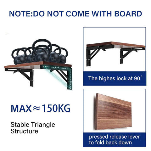 Heavy Duty Folding Shelf Brackets, 20 Inch 4 Pack Collapsible Wall Mounts with kettlebells demonstrating weight capacity.