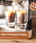 No Fuss Home Espresso Machine With Built In Grinder And Stainless Steel Milk Frother Wand For Killer Lattes And Smooth Shots Quick 20 Bar Brew Setup For Your Daily Grind with two espresso shots brewing.