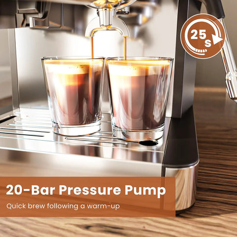 No Fuss Home Espresso Machine With Built In Grinder And Stainless Steel Milk Frother Wand For Killer Lattes And Smooth Shots Quick 20 Bar Brew Setup For Your Daily Grind with two espresso shots brewing.