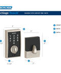 Keyless Front Door Lock With Touchscreen Keypad In Aged Bronze, showing dimensions and front-back view.