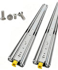 Beefy Heavy Duty 500 Lb Locking Drawer Slides With Full Extension Runners, Industrial Grade Steel Sliding Hardware For Tool Cabinets And Truck Bed Setups, Rugged Drawers That Glide Smoothly And Lock Tight For Hardcore Use., pair of full-extension steel drawer slides with mounting screws