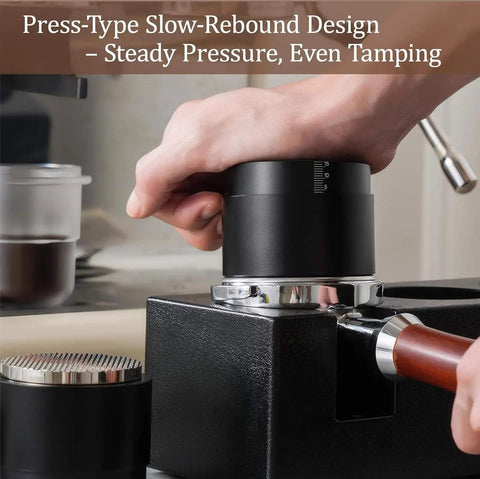 Pro Stainless Steel 58mm Coffee Distributor And Tamper With Slow Rebound Spring in use, applying steady pressure for even tamping.
