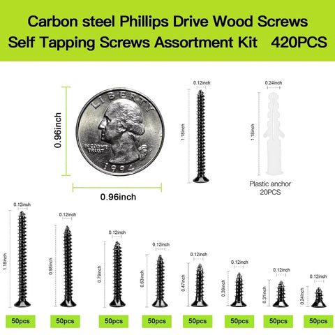 M3 Flat Head Wood Screws Assortment Kit 420 Pcs Self Tapping Phillips Drive Countersunk Carbon Steel with M6 Anchors