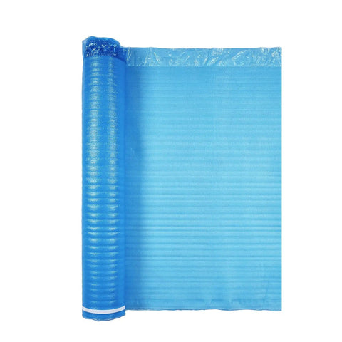 Rock Solid No Sweat Floor Underlayment 600 Square Feet 2 Mm Thick EPE Foam Padding rolled and partially unrolled in blue.