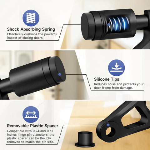 Tough As Nails Hinge Pin Door Stopper With Adjustable Springs And Soft Silicone Caps shown with shock absorbing spring and removable spacer.