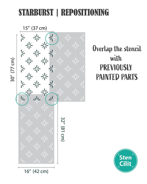 Diagram of Starburst Geometric Wall Stencil Kit 2 Pack Of 16.5 X 31.5 Inch Stencils for pattern alignment