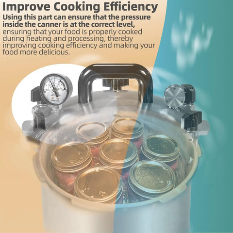 Front view of pressure canner with dial gauge and several mason jars inside.