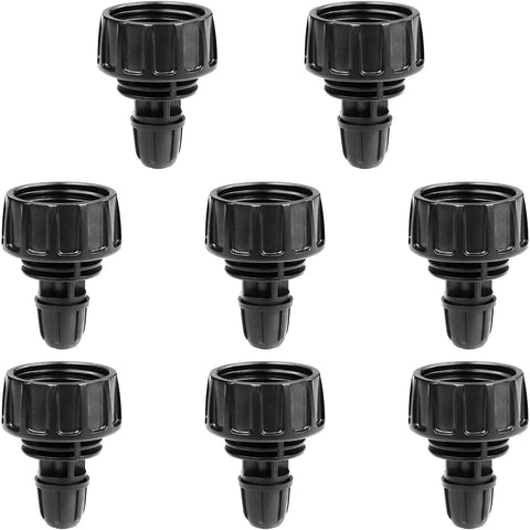 8 black 1/4 Inch Drip Irrigation Tubing Faucet Adapter Set 8 Pack 3/4 To 1/4 Inch Hose Adapters arranged vertically