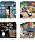 Various uses of Android 11 5.0 Inch Touch Screen Handheld Barcode Scanner With 4G LTE 5G WiFi NFC Bluetooth 5.0 Nano SIM Slot And Memory Card Support On The Go Portable Mobile POS For Food Trucks Cafes Restaurants in parking, cashier, order taking, and product identification scenarios