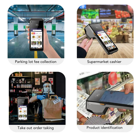 Various uses of Android 11 5.0 Inch Touch Screen Handheld Barcode Scanner With 4G LTE 5G WiFi NFC Bluetooth 5.0 Nano SIM Slot And Memory Card Support On The Go Portable Mobile POS For Food Trucks Cafes Restaurants in parking, cashier, order taking, and product identification scenarios