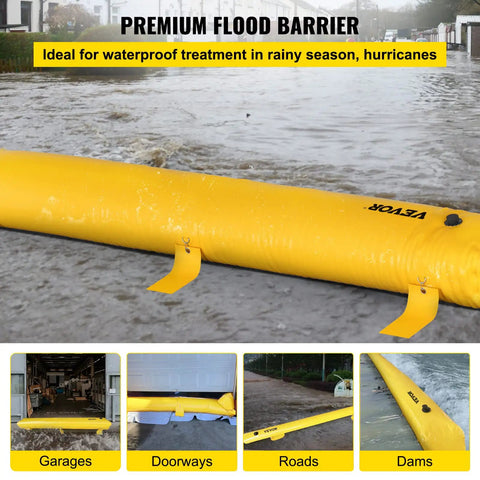 Heavy Duty Flood Barrier Kit With 24ft Water Barrier Tubes in use at a waterlogged area, showcasing PVC material and application examples.