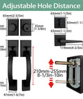 Dimensions and adjustable features of Black Exterior Handleset With Keyed Entry And Dummy Handle Set For Front, Back And Side Doors, Heavy-Duty Double Door Lock Set, Solid Aluminum Build, Easy Install, MDHST2017DB-SET, 2017 Model.