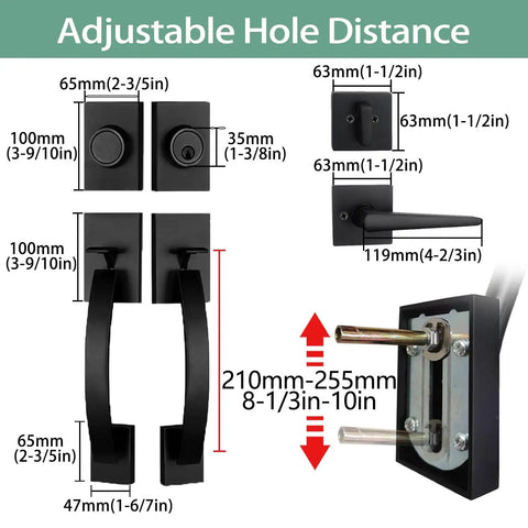 Dimensions and adjustable features of Black Exterior Handleset With Keyed Entry And Dummy Handle Set For Front, Back And Side Doors, Heavy-Duty Double Door Lock Set, Solid Aluminum Build, Easy Install, MDHST2017DB-SET, 2017 Model.