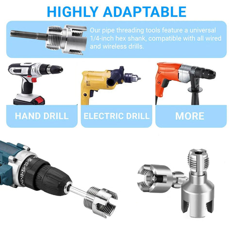 Heavy Duty 3 Piece Pvc Pipe Threading Tool Set Featuring Dual Function Internal And External Thread Cutting And Taping Kit showcasing compatibility with hand and electric drills.