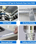 Four images showing uses of Heavy Duty Aluminum Foil Tape For HVAC Ducts 2 Inch By 164 Foot 4 Mil Pro Grade Sealing Patch And Repair.