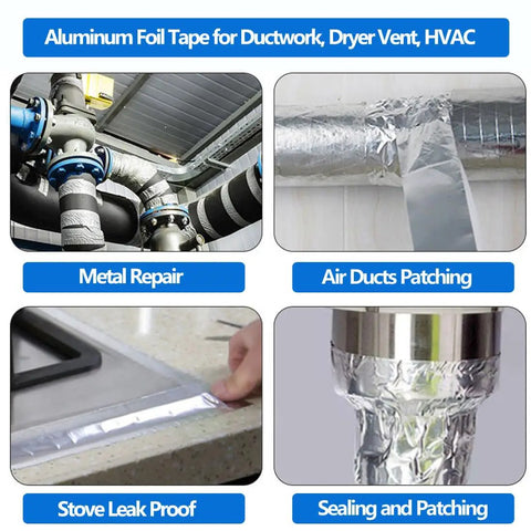 Four images showing uses of Heavy Duty Aluminum Foil Tape For HVAC Ducts 2 Inch By 164 Foot 4 Mil Pro Grade Sealing Patch And Repair.