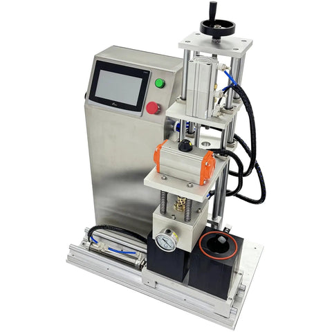 Semi Automatic Glass Jar Vacuum Capping Machine Dual Station Bottle Sealer with touchscreen control and industrial design.