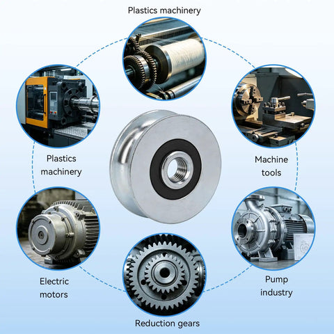 4 Piece U Groove Track Guide Bearings Set for Pulleys and Rails, U Type Roller Wheels, 40mm Outer Diameter, 8mm Bore, Alloy Steel, Heavy Duty, Easy Install, Smooth Rolling, Symmetrical Alignment, U-groove roller bearing on machine use graphic