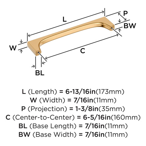 Diagram of Merced 6-5/16 Inch Center To Center Champagne Bronze Cabinet Pull with dimensions labeled