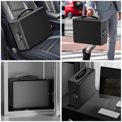 Beefy Fireproof Document Box Hard Case With Fireproof Zipper And Lock, 6400F Heat Insulation displayed in car, on desk, safe, carried.