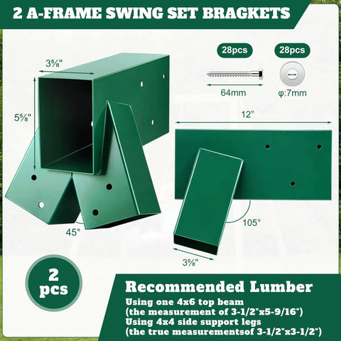 2 Pack Swing Set Brackets A Frame Hardware Kit For Outdoor Green Built To Last Heavy Duty Steel DIY Swing Set Frame With 28 Screws And 28 Washers Includes All Essential Components Wood Not Included, green steel bracket dimensions