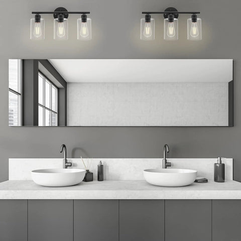 Modern bathroom with Dope Matte Black 3 Light Vanity Light Over Mirror With Glass Shades UL Certified Bathroom Wall Sconces