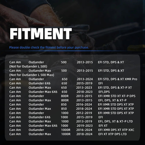 Fitment chart for Fuel Pump Replacement For Outlander 500 650 800R 850 1000 1000R 2013-2024 EFI STD DPS XT 6X6 4 Pins