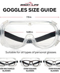 3 Pack Clear Anti-Fog Safety Goggles With Adjustable Strap ANSI Z87.1 Chemical Splash Resistant Size Guide with Dimensions