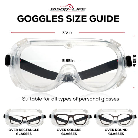 3 Pack Clear Anti-Fog Safety Goggles With Adjustable Strap ANSI Z87.1 Chemical Splash Resistant Size Guide with Dimensions