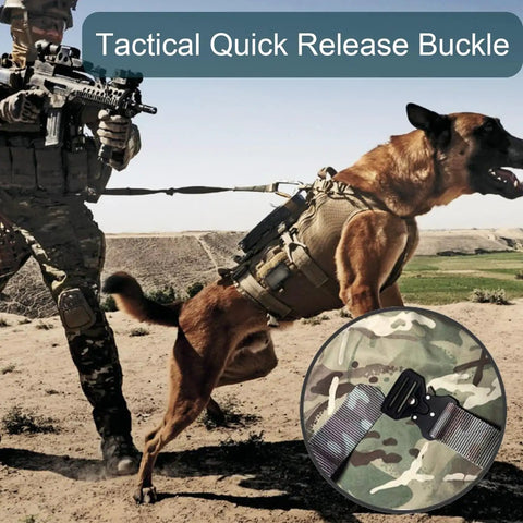 Two Pack One And A Half Inch Heavy Duty Metal Tactical Belt Buckles on military dog harness in action outdoors