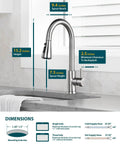 Pull Down Sprayer Kitchen Faucet In Brushed Nickel High Arc Design with dimensions detailed next to a sink.