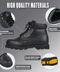 Steel Toe Work Boots For Men Leather Oil Resistant Slip Resistant And Heat Resistant Heavy Duty Safety Boots Built For Tough Job Sites In Industrial And Construction Wide Width US 15W Electrical Hazard Approved, showing features and materials.