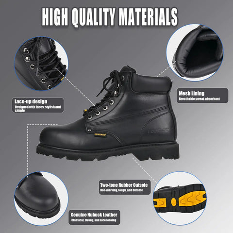 Steel Toe Work Boots For Men Leather Oil Resistant Slip Resistant And Heat Resistant Heavy Duty Safety Boots Built For Tough Job Sites In Industrial And Construction Wide Width US 15W Electrical Hazard Approved, showing features and materials.