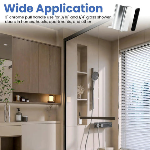 Sleek Chrome Shower Door Pull Handle For Frameless Sliding Glass Panels Featuring A Heavy Duty Grip Design in modern bathroom setting.