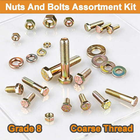 Built Tough Grade 8 SAE Bolt Kit With Storage Box, 859 Piece Hex Bolt Set In Yellow Zinc Plated Alloy Steel, Includes Nuts, Flat And Lock Washers, Sizes 1/4-20, 5/16-18, 3/8-16, 1/2-13 For Home Improvement