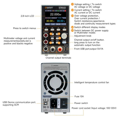 Front and back view of 2 In 1 Power Supply And Multimeter With 0 To 60V And 0 To 10A Range Variable DC Output 2.8 Inch LED Display.