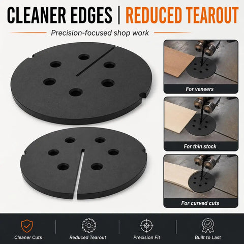 Zero Clearance Insert Plate For 14 Inch Band Saw showing different angles and cuts for cleaner edges and reduced tearout.