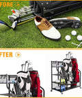 Before and after of golf gear using Extra Large Golf Bag Rack Stand Organizer For Garage Built To Last Holds 2 Bags And Gear