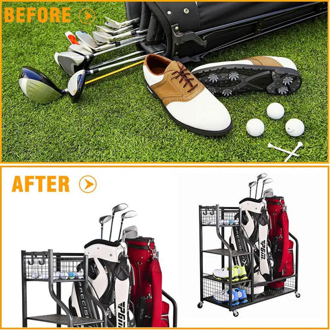Before and after of golf gear using Extra Large Golf Bag Rack Stand Organizer For Garage Built To Last Holds 2 Bags And Gear