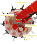 Close-up of hand push seeder with ten nozzles, showing seed distribution port, tension spring, and quantity regulator.