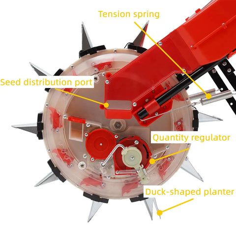 Close-up of hand push seeder with ten nozzles, showing seed distribution port, tension spring, and quantity regulator.