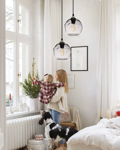 Two Pack Pendant Lights Art Glass Snowflake Design For Kitchen Island And Bedroom Nook, 7 Inch, Clear Seeded Glass in Bedroom