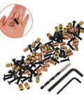 Wood Threaded Inserts And Nuts Kit With Bolts And Hex Wrenches And Drill Bit for DIY wood assembly, shown with hand for size.